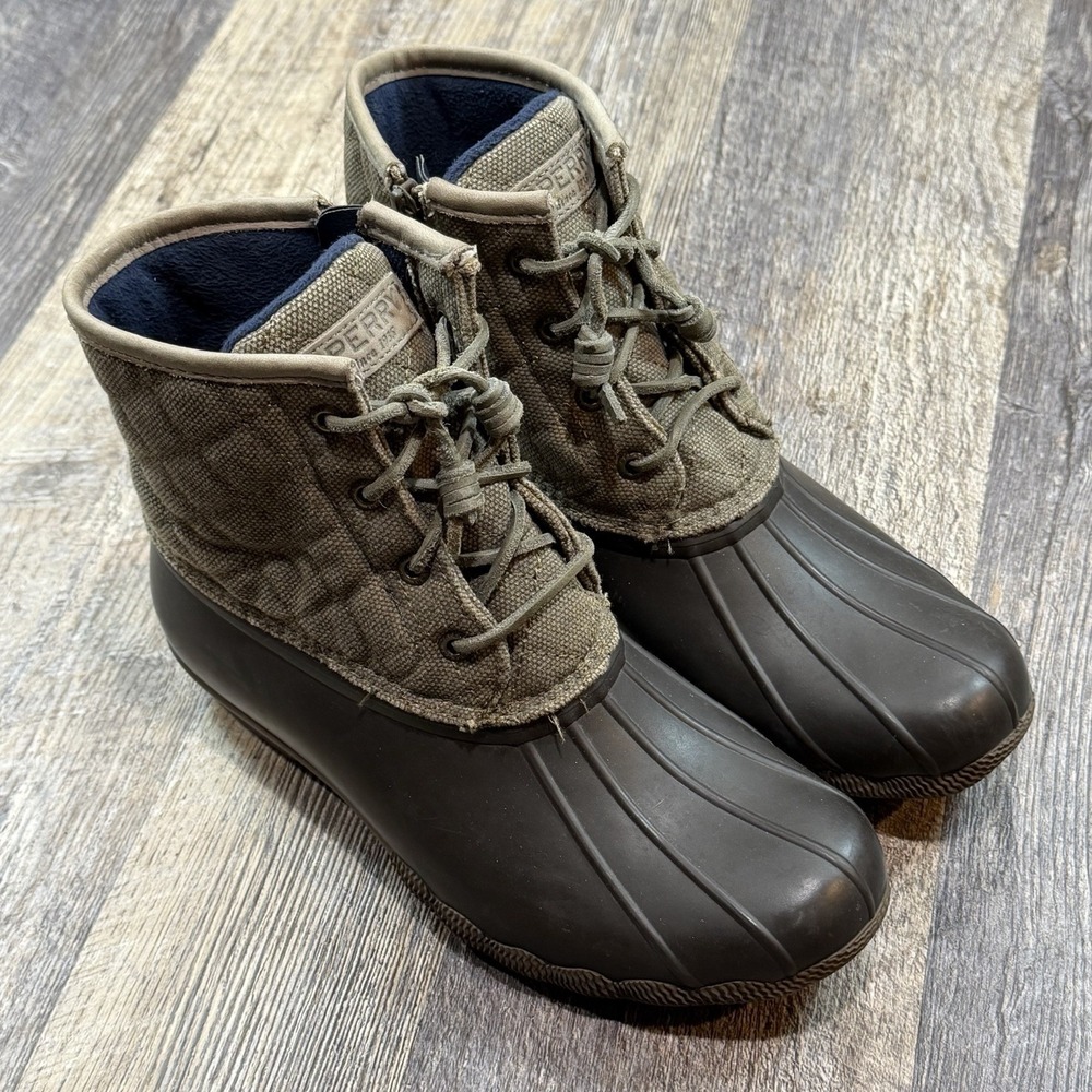 Sperry Top-Sider Saltwater Duck Rain Boots Womens Size 8 Gray Canvas Side Zip